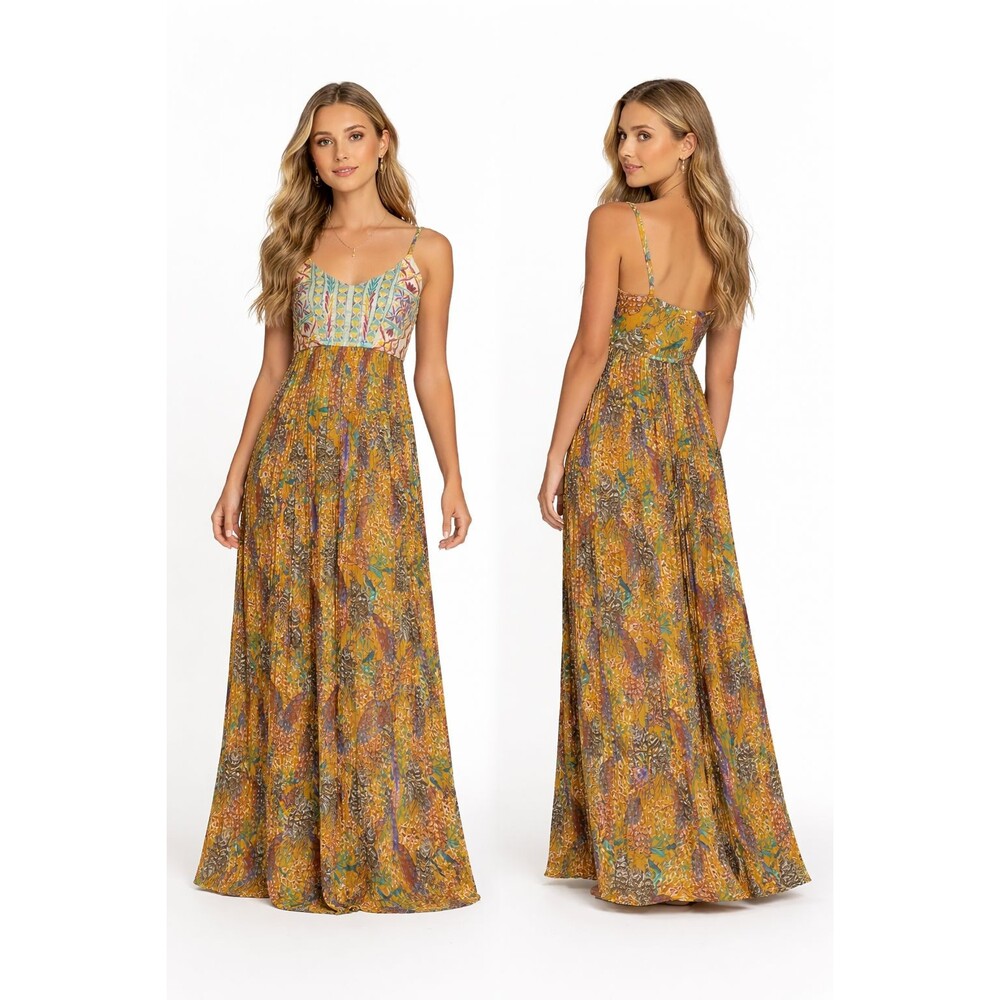 RAGA x ANTHROPOLOGIE Raga Gold Multi Floral Embroidered Bohemian Maxi Dress XS